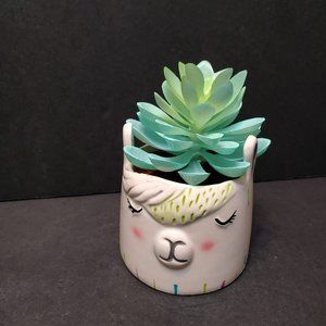Llama Face Succulent Planter with Faux Succulent, Ceramic Animal Plant Pot